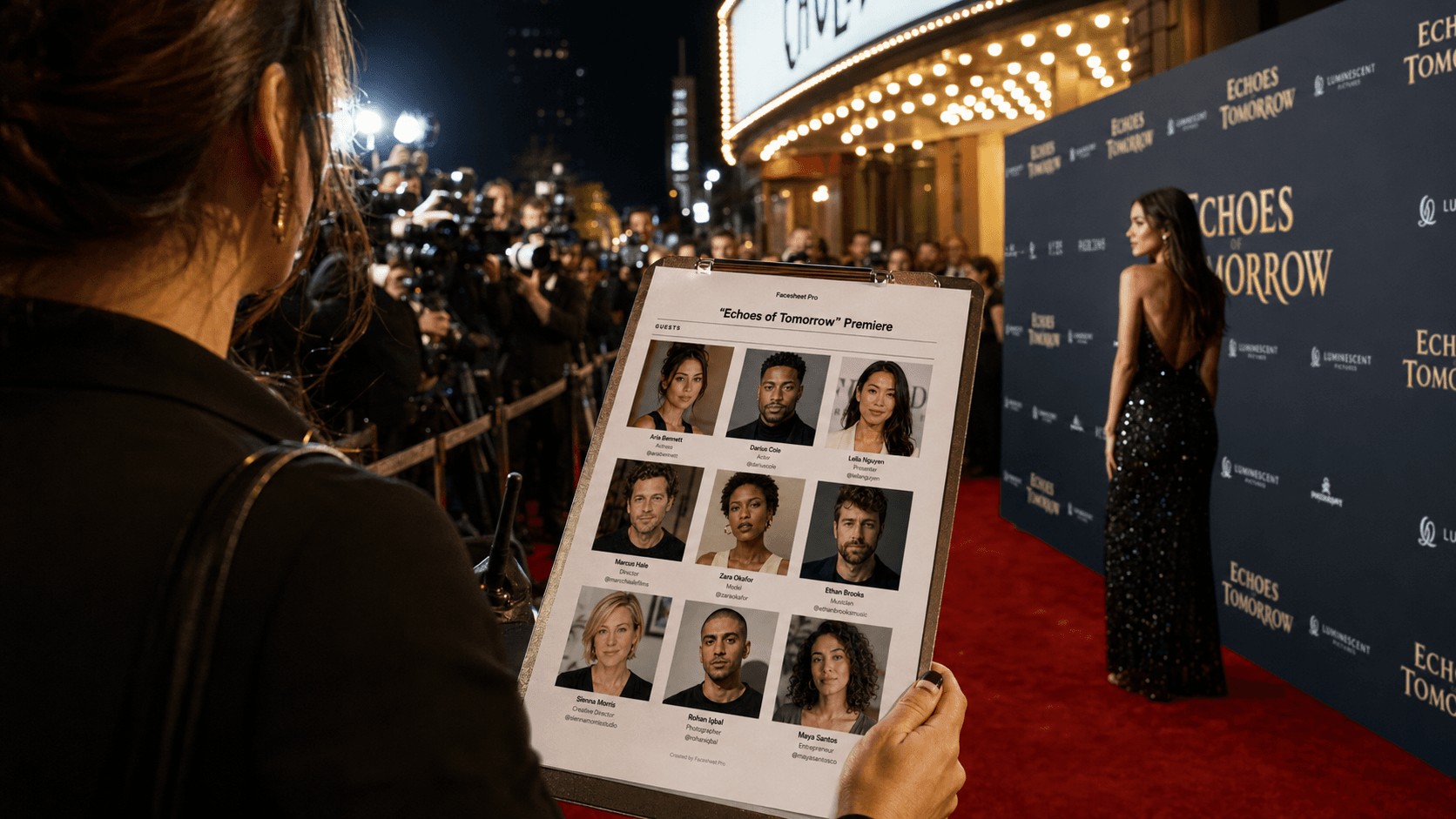 PR holding a FaceSheet Pro facesheet at a fictional red carpet event
